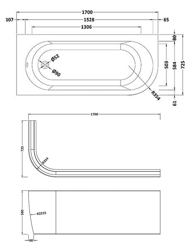J-Shaped 1700mm Single Ended Bath + Curved Panel