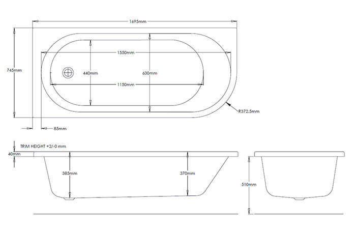 Trojan LH J-Shaped 1700 x 750mm Single Ended Bath