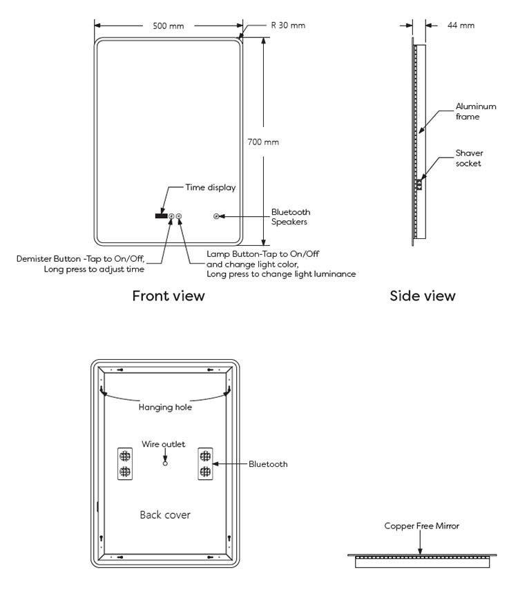 Toreno 700 x 500mm Portrait LED Illuminated Bluetooth Mirror incl. Touch Sensor