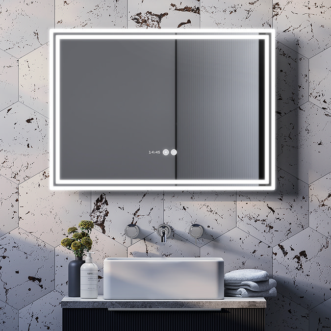 Toreno 700x500mm LED Landscape Illuminated Border Mirror with Anti-Fog, Dimmer, Time/Temperature Display & Touch Sensor Switch