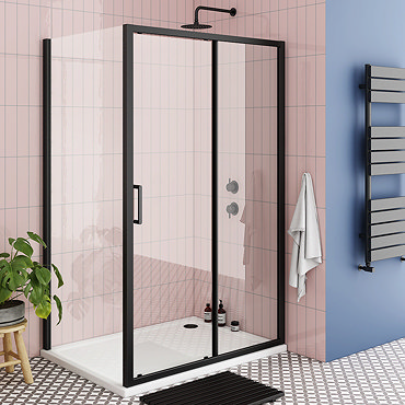 Turin Matt Black 1000 x 800mm Sliding Door Shower Enclosure + Pearlstone Tray  Profile Large Image