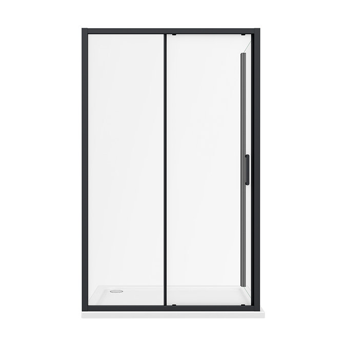 Turin Matt Black 1000 x 900mm Sliding Door Shower Enclosure + Pearlstone Tray  In Bathroom Large Image