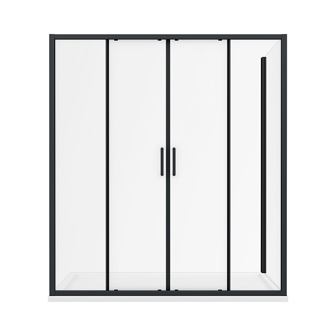 Turin Matt Black 1700 x 700mm Double Sliding Door Shower Enclosure + Pearlstone Tray In Bathroom Large Image