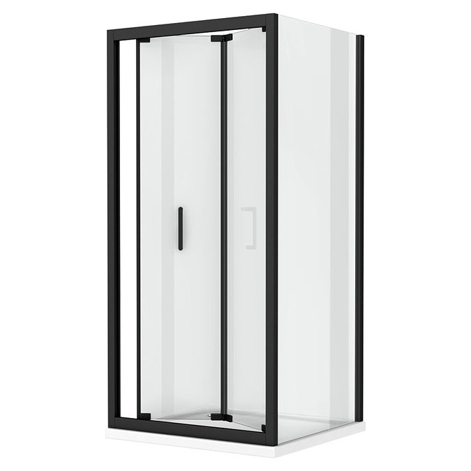 Turin Matt Black 760 x 760mm Bi-Fold Door Shower Enclosure + Pearlstone Tray  Standard Large Image