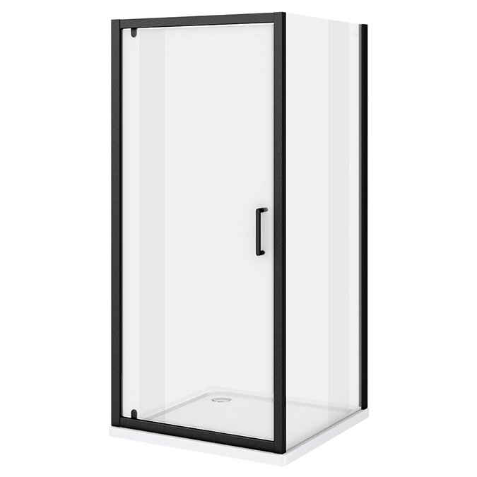 Turin Matt Black 760 x 760mm Pivot Door Shower Enclosure + Pearlstone Tray Standard Large Image