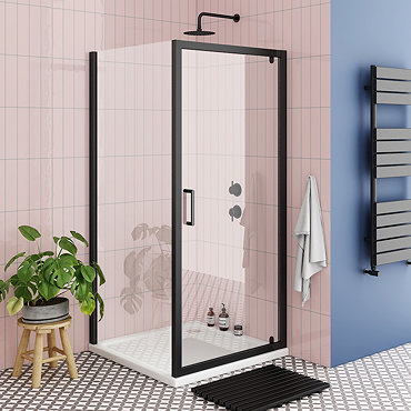 Turin Matt Black 760 x 760mm Pivot Door Shower Enclosure + Pearlstone Tray  Profile Large Image