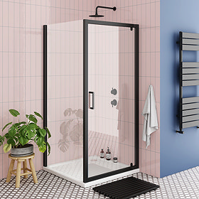 Turin Matt Black 800 x 800mm Pivot Door Shower Enclosure + Pearlstone Tray Large Image