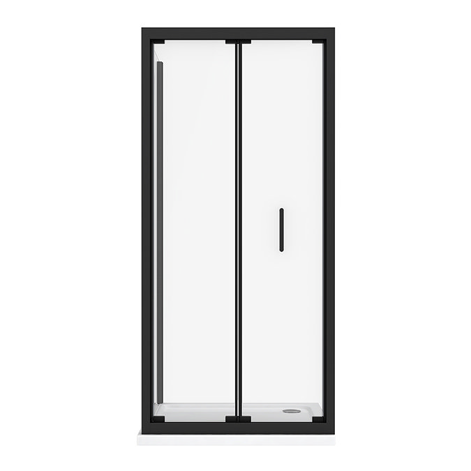 Turin Matt Black 900 x 900mm Bi-Fold Door Shower Enclosure + Pearlstone Tray  In Bathroom Large Image