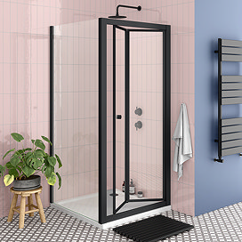 Toreno Matt Black 900 x 900mm Bi-Fold Door Shower Enclosure + Pearlstone Tray