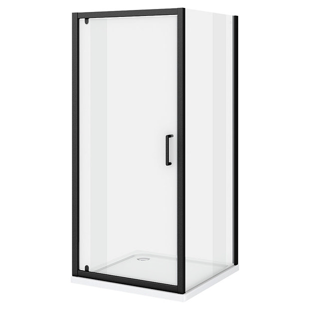 Turin Matt Black 900 x 900mm Pivot Door Shower Enclosure + Pearlstone Tray  Standard Large Image