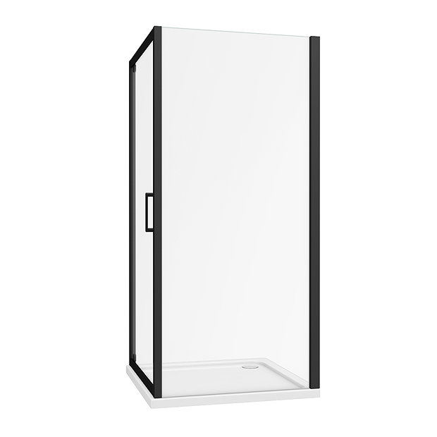 Turin Matt Black 900 x 900mm Pivot Door Shower Enclosure + Pearlstone Tray  In Bathroom Large Image