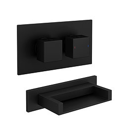 Toreno Matt Black Wall Mounted Waterfall Bath Filler + Concealed Thermostatic Valve Large Image