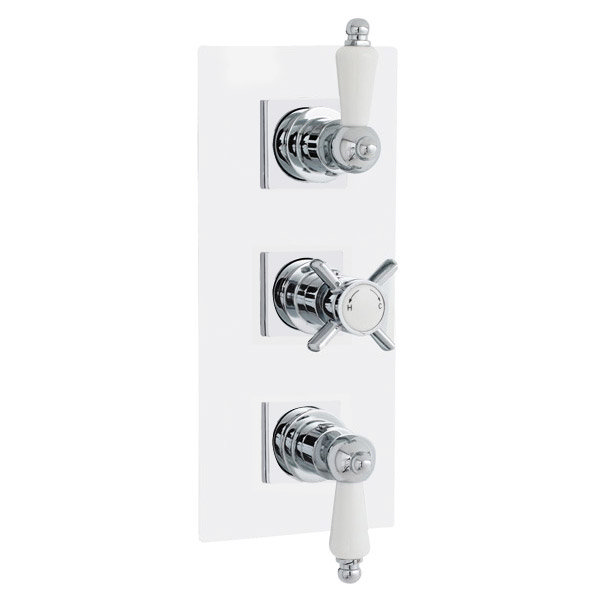 Traditional Triple Concealed Thermostatic Shower Valve with Diverter & Rectangular Plate Large Image