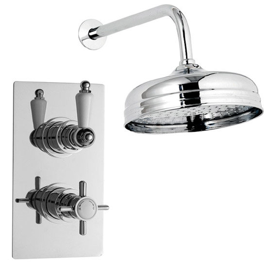 Ultra Beaumont Twin Concealed Thermostatic Valve w/ 8" Apron Fixed Head Large Image