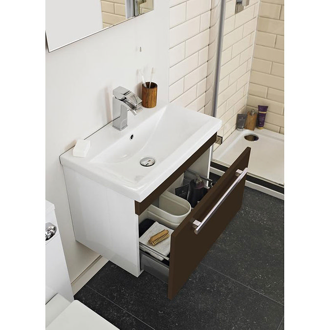 Ultra Design 600mm 1 Drawer Wall Mounted Basin & Cabinet - Ebony Brown - 2 Basin Options Feature Large Image