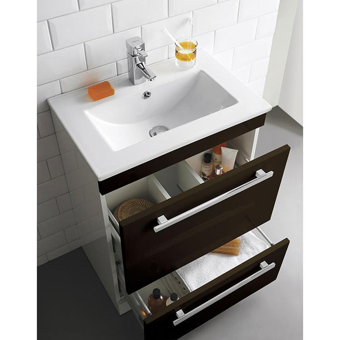 Ultra Design 600mm 1 Drawer Wall Mounted Basin & Cabinet - Ebony Brown - 2 Basin Options Profile Large Image