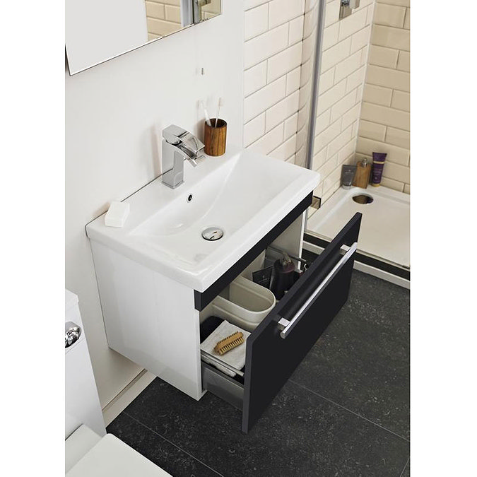 Ultra Design 600mm 1 Drawer Wall Mounted Basin & Cabinet - Gloss Black - 2 Basin Options Feature Lar