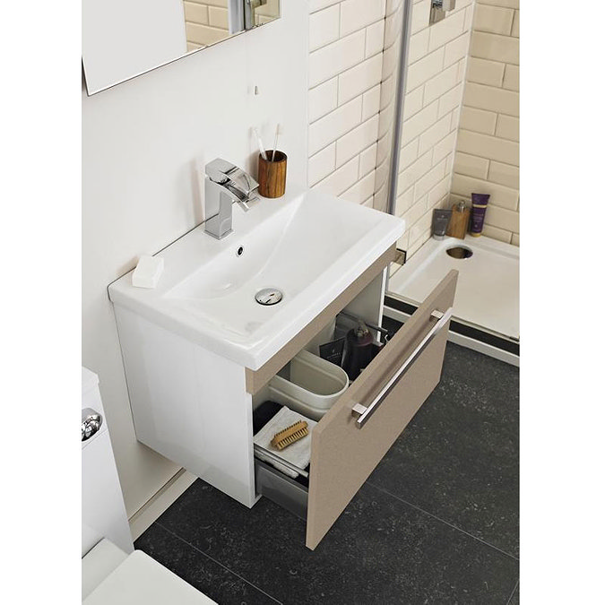 Ultra Design 600mm 1 Drawer Wall Mounted Basin & Cabinet - Gloss Caramel - 2 Basin Options Feature L