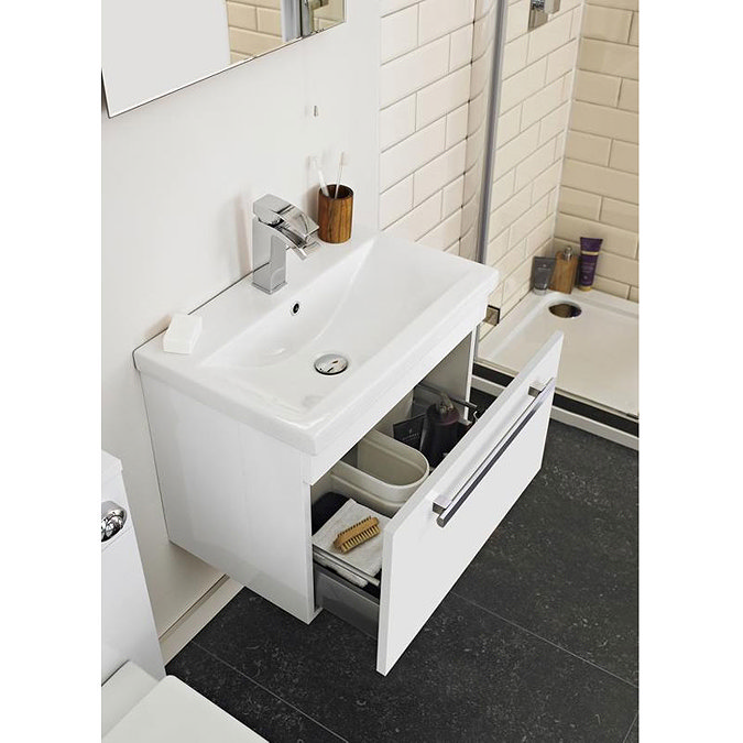 Ultra Design 600mm 1 Drawer Wall Mounted Basin & Cabinet - Gloss White - 2 Basin Options Feature Lar