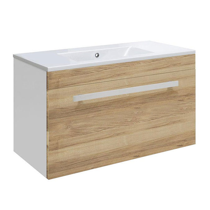 Ultra Design 600mm 1 Drawer Wall Mounted Basin & Cabinet - Natural Walnut - 2 Basin Options Large Image