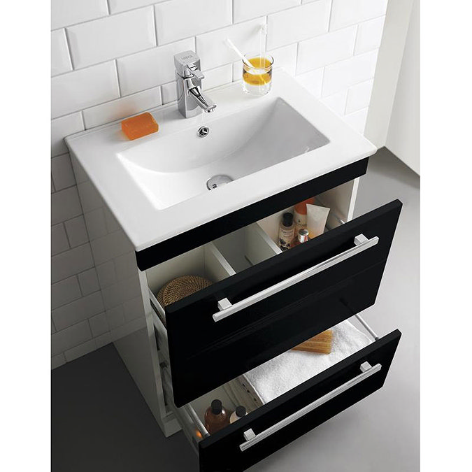 Ultra Design 600mm 2 Drawer Floor Mounted Basin & Cabinet - Gloss Black - 2 Basin Options Profile La