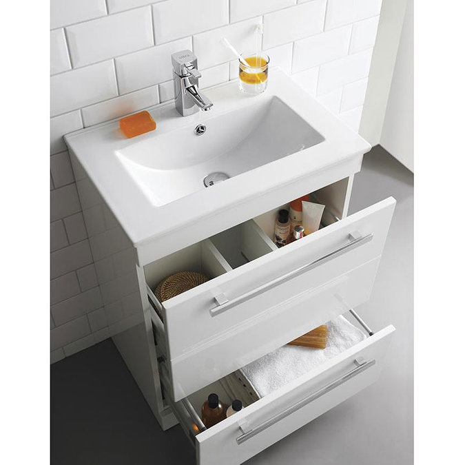 Ultra Design 600mm 2 Drawer Floor Mounted Basin & Cabinet - Gloss White - 2 Basin Options Profile La