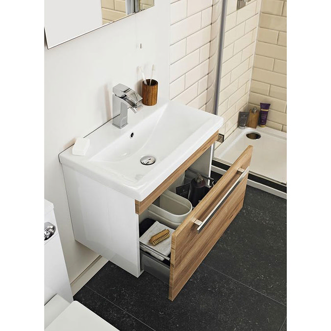 Ultra Design 600mm 2 Drawer Floor Mounted Basin & Cabinet - Natural Walnut - 2 Basin Options Feature