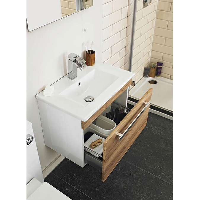 Ultra Design 600mm 2 Drawer Floor Mounted Basin & Cabinet - Natural Walnut - 2 Basin Options Profile
