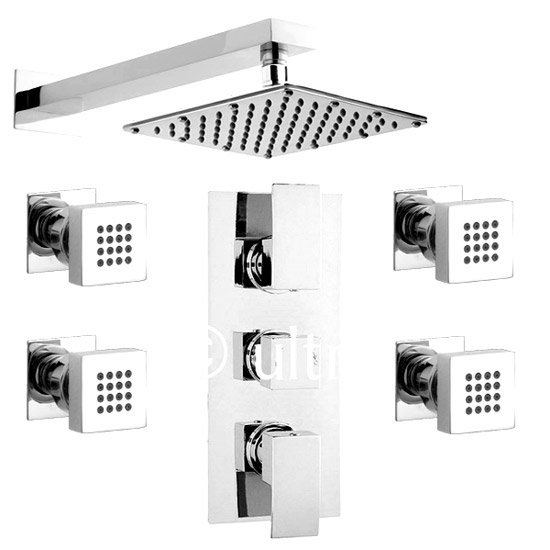 Ultra Vibe Concealed Thermostatic Triple Shower Valve w/ Square Fixed Head & Body Jets - Chrome Prof