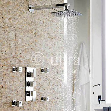 Ultra Vibe Concealed Thermostatic Triple Shower Valve w/ Square Fixed Head & Body Jets - Chrome Prof