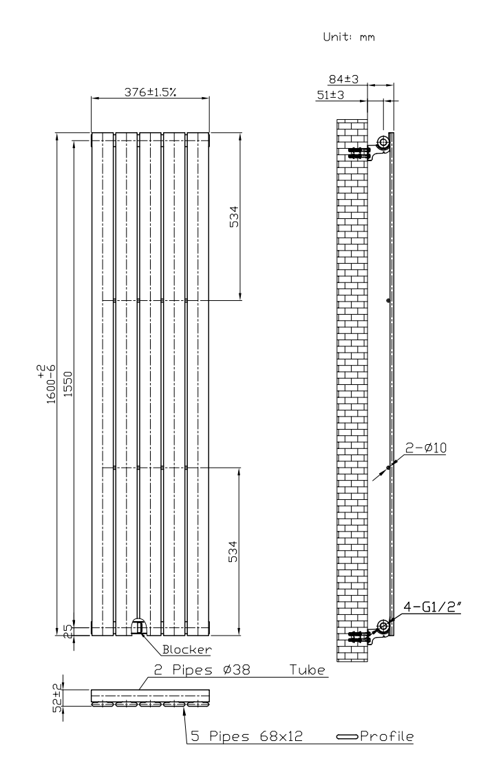 Urban Chrome Vertical Single Panel Radiator (1600mm High) 375mm Wide