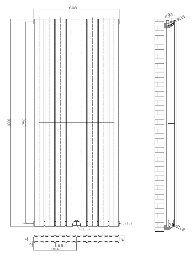 Urban Vertical Radiator - Anthracite - Double Panel (1800mm High) 608mm Wide