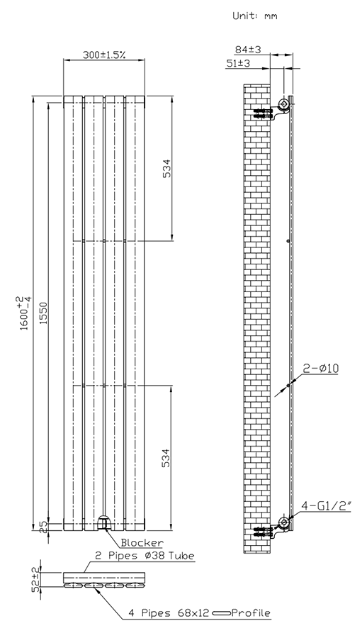 Urban Black Nickel 1600 x 300mm Vertical Single Panel Radiator - 4 Bars