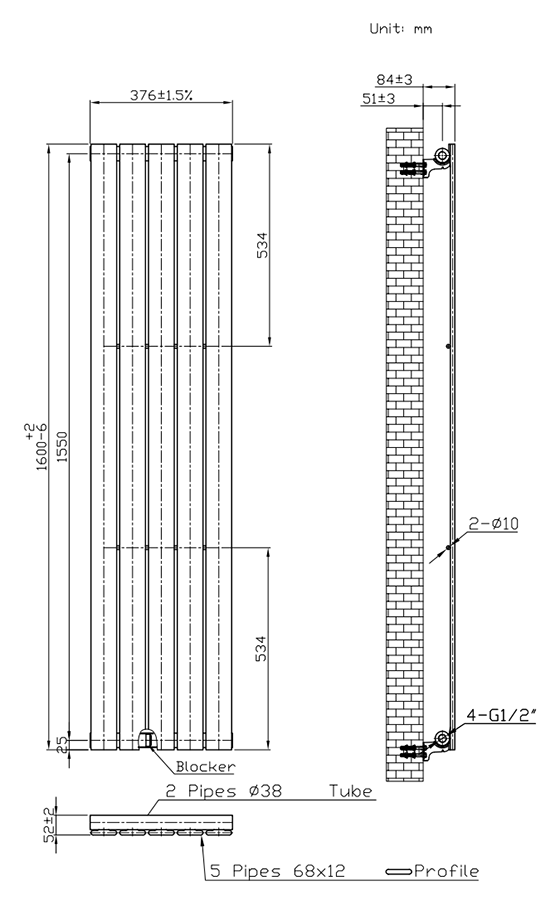 Urban Black Nickel Vertical Radiator 1600mm x 375mm – Designer Single Panel