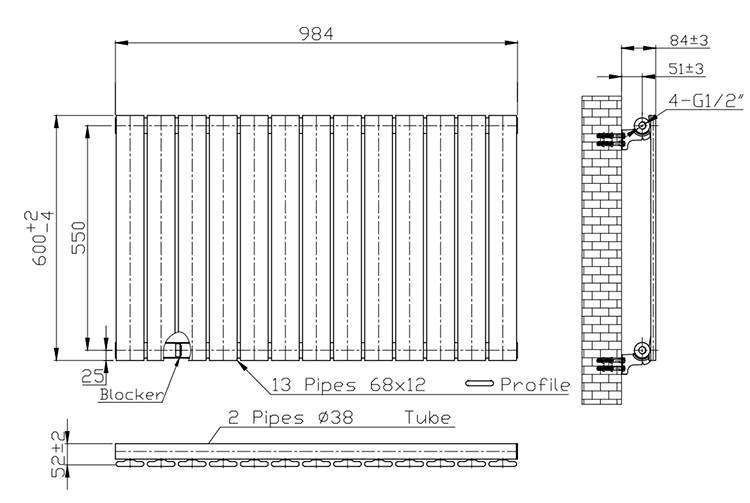 Urban Designer Horizontal Radiator - Black Nickel Finish, Single Panel (H600 x W984mm)