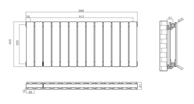 Urban Horizontal Radiator - Anthracite - Double Panel (400mm High x 988mm Wide)