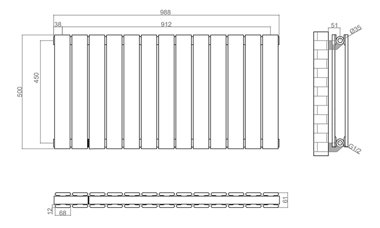 Urban Horizontal Radiator - Anthracite Grey - Double Panel (500mm High x 988mm Wide)