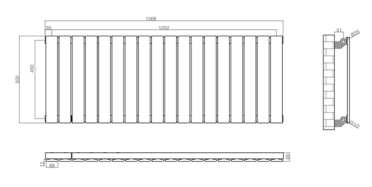 Urban Horizontal Radiator - Anthracite - Single Panel (500mm High) 1368mm Wide