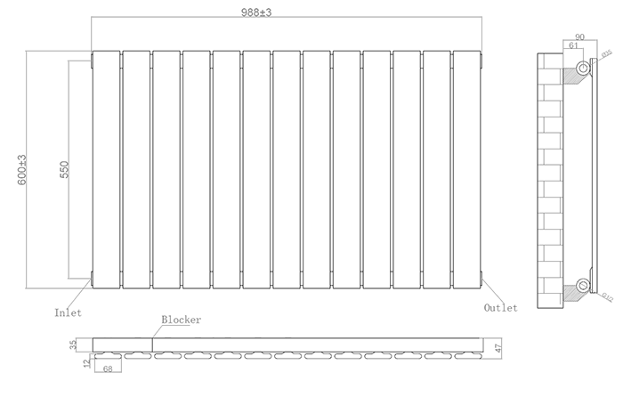 Urban Horizontal Radiator - Anthracite - Single Panel (600mm High) 988mm Wide