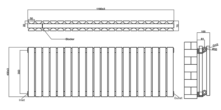 Urban Horizontal Radiator - Matt Black - Double Panel (400mm High x 1180mm Wide)