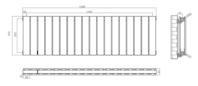 Urban Horizontal Radiator - Matt Black - Double Panel (400mm High x 1368mm Wide)