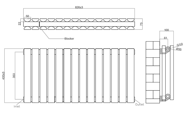 Urban Horizontal Radiator – Matt Black – Double Panel (400mm High x 826mm Wide)