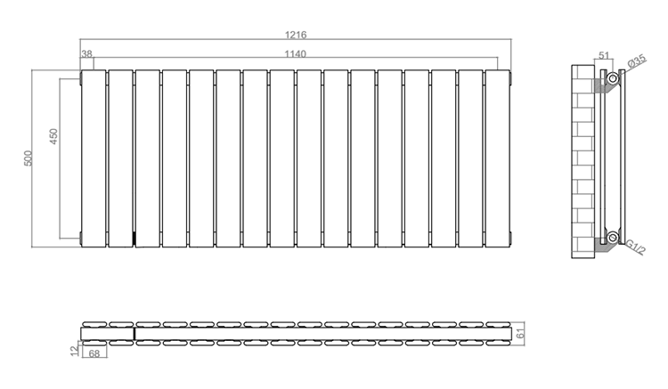 Urban Horizontal Radiator - Matt Black - Double Panel (500mm High x 1216mm Wide)