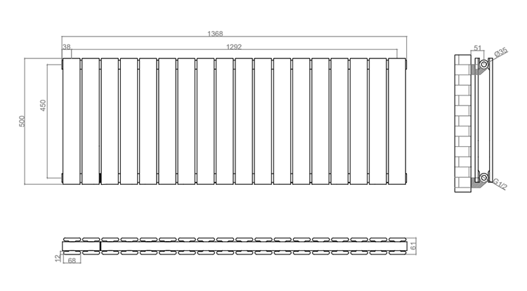 Urban Horizontal Radiator - Matt Black - Double Panel (500mm High x 1368mm Wide)