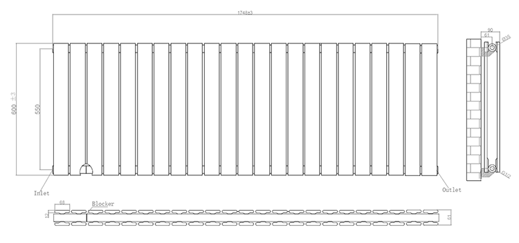 Urban Horizontal Radiator - Matt Black - Double Panel (600mm High) 1748mm Wide