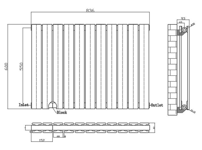 Urban Horizontal Radiator - Matt Black - Double Panel (600mm High) 836mm Wide