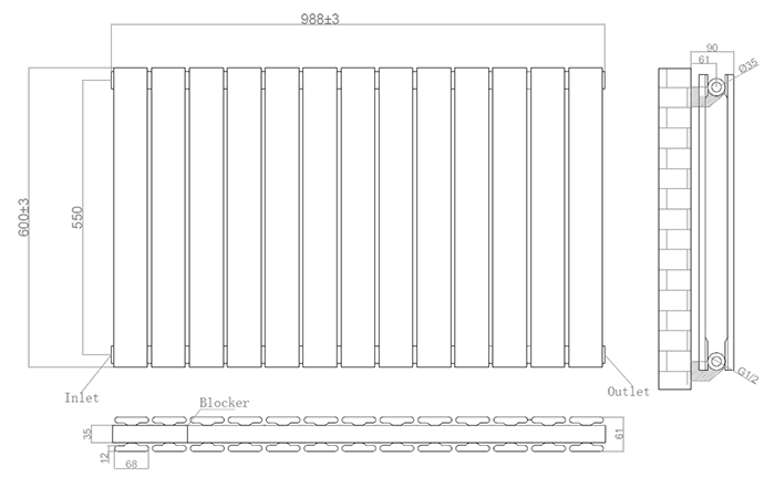 Urban Horizontal Radiator - White - Double Panel (600mm High) 988mm Wide