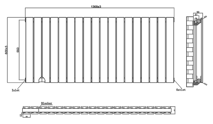 Urban Horizontal Radiator - Matt Black - Double Panel (600mm High) 1368mm Wide