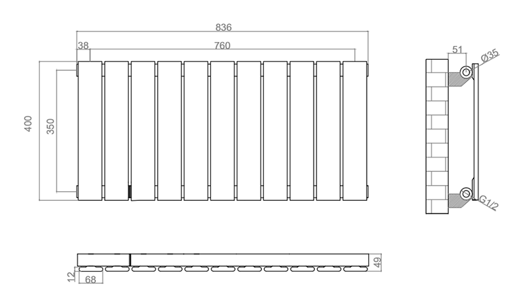 Urban Horizontal Radiator - Matt Black - Single Panel (400mm High) 836mm Wide