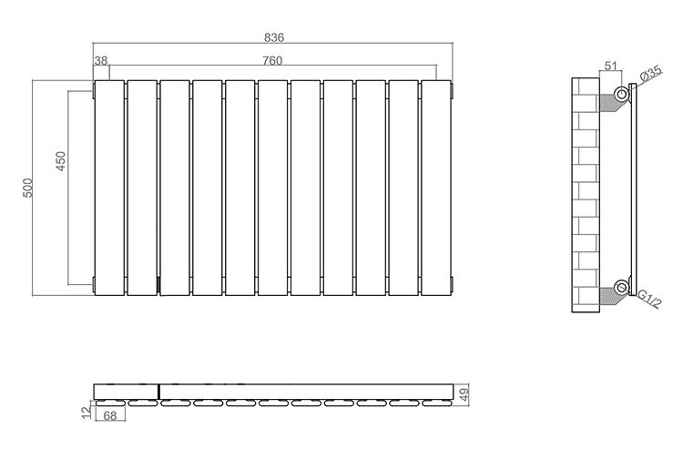 Urban Horizontal Radiator - Matt Black - Single Panel (500mm High) 836mm Wide